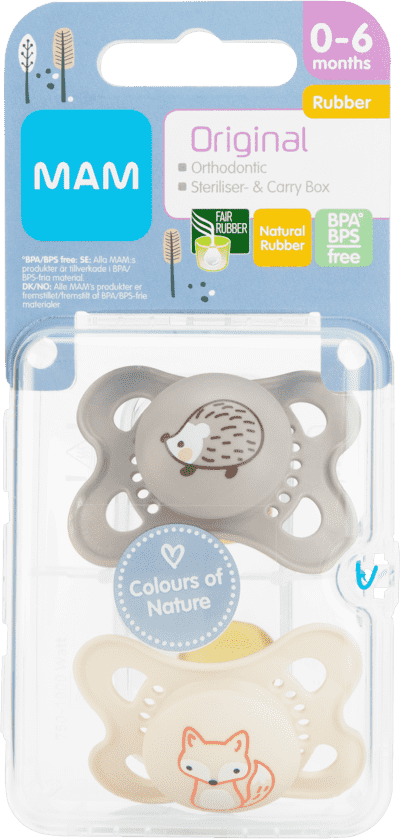 MAM Original 0-6m Latex 2-pack Neutral (Igelkott/Räv)